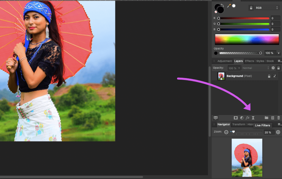 affinity photo background blur live filters