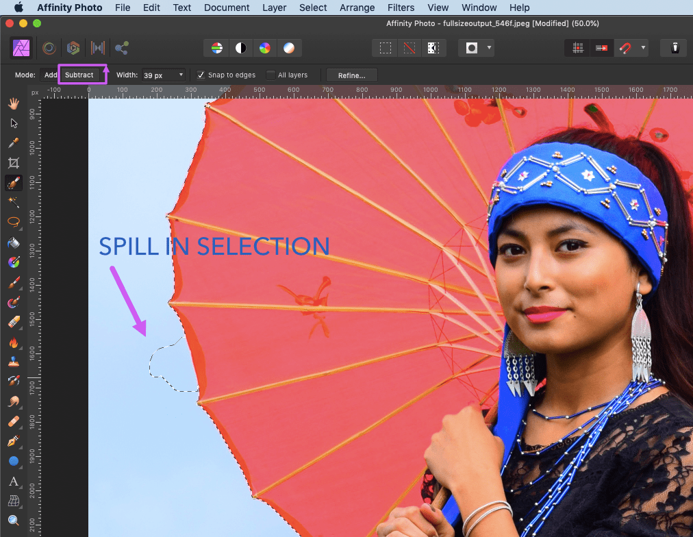affinity photo selection blur background selection spill