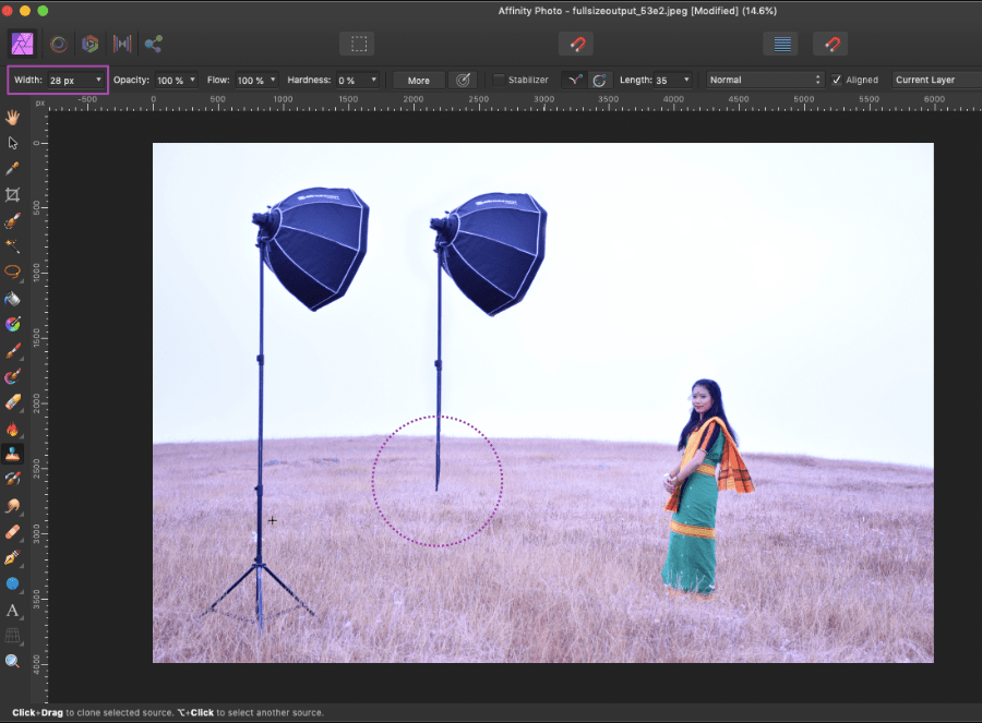 affinity photo clone reduce brush width