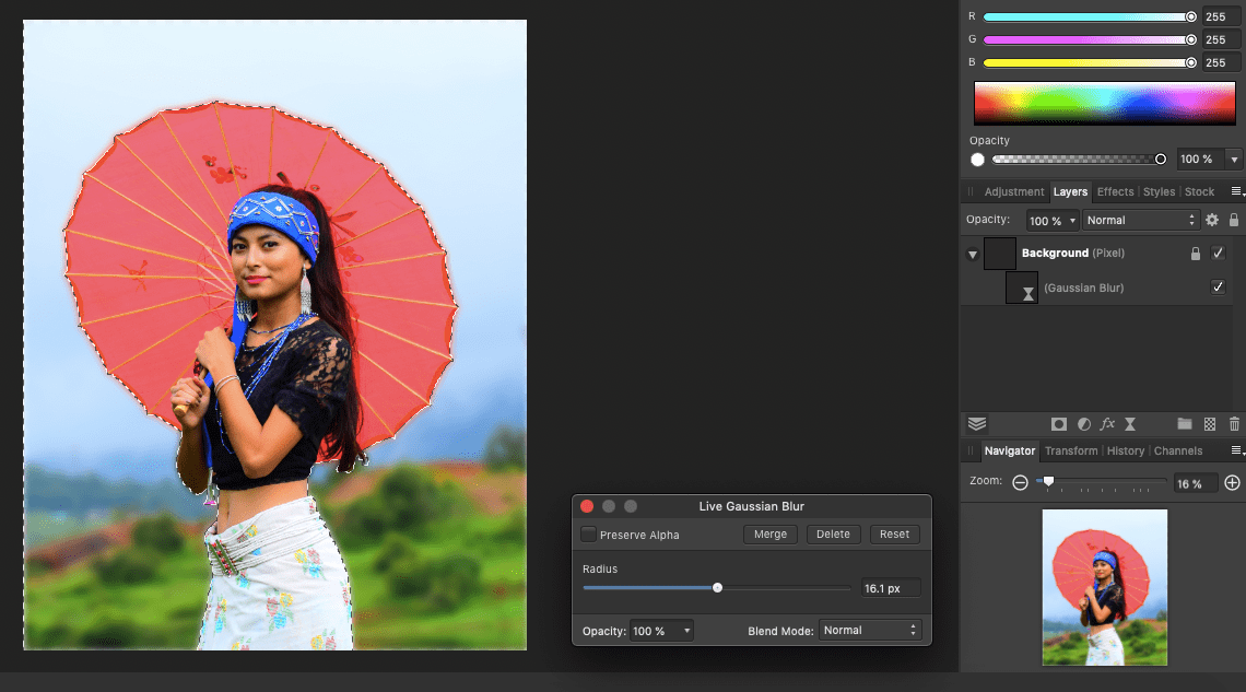 affinity photo gausian blur radius