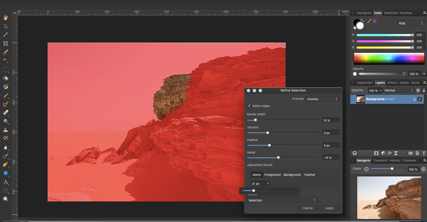 affinity photo hill rock refine selection