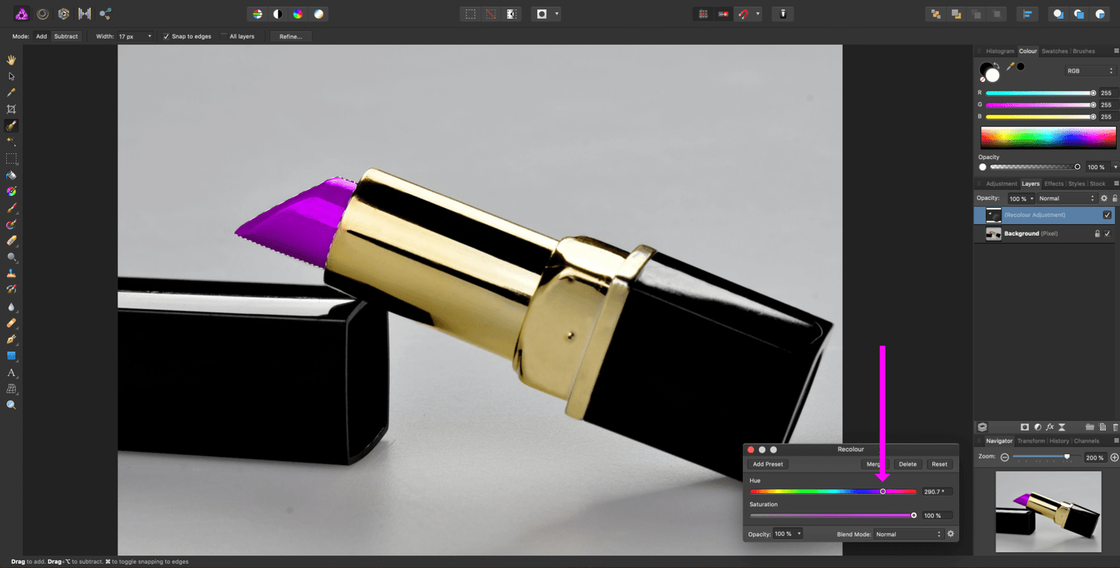 affinity photo lipstick adjustments recolour hue