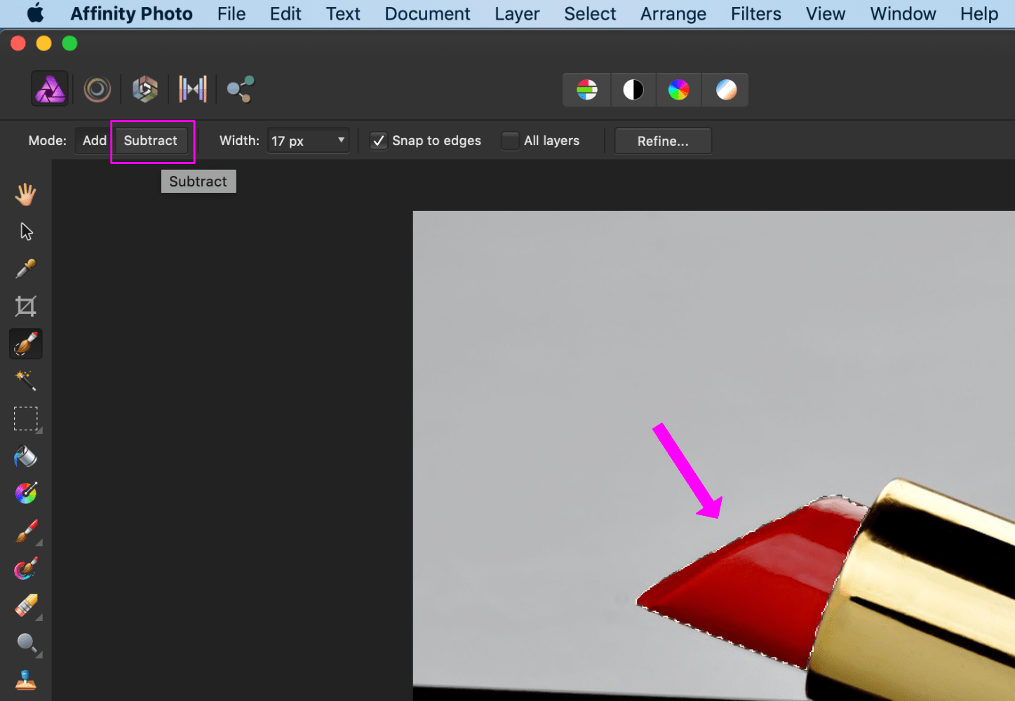 affinity photo lipstick selection spill subtract