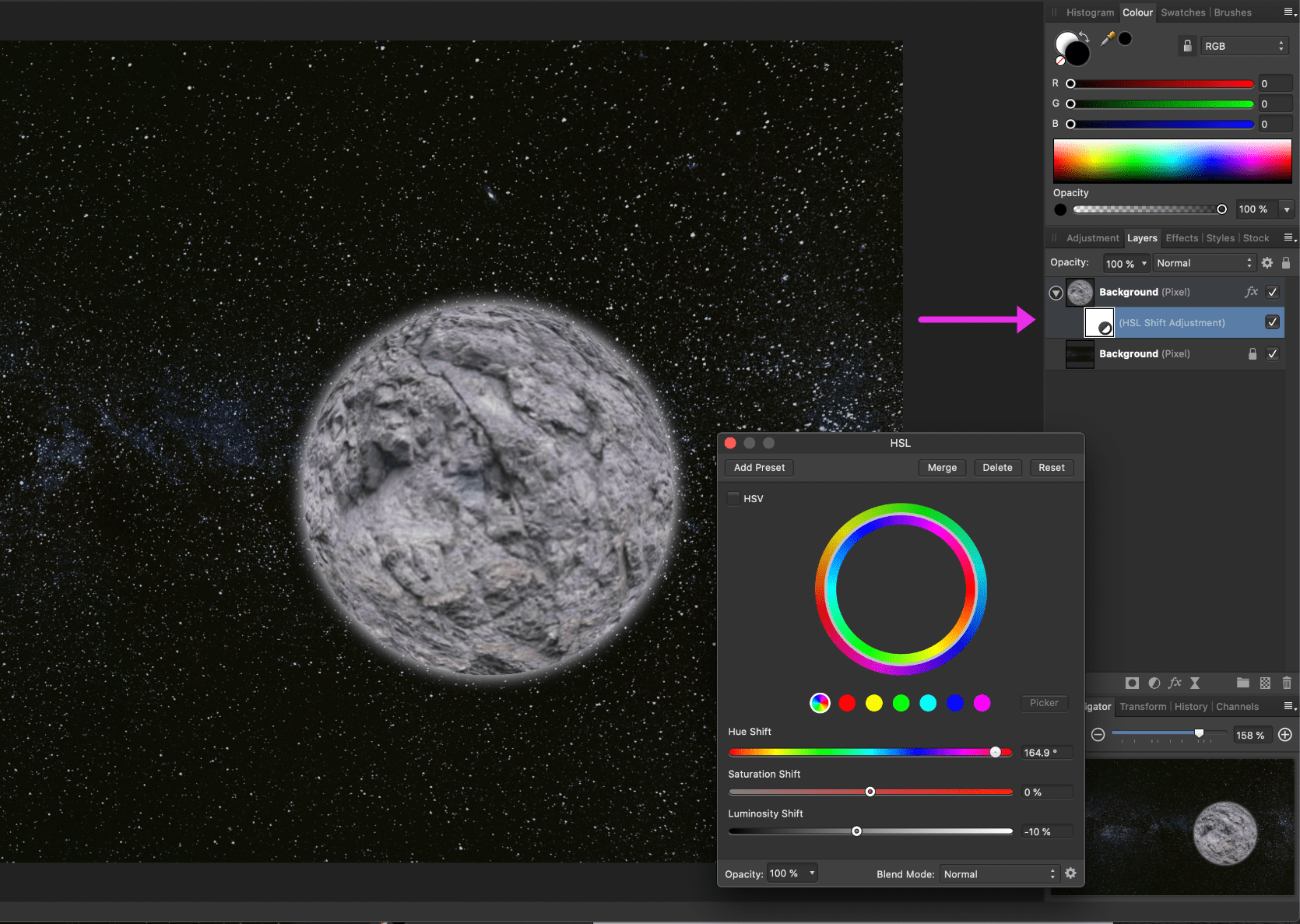 affinity photo planet hsl panel