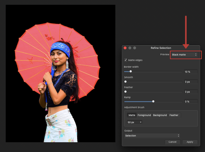 affinity photo refine selection black matte