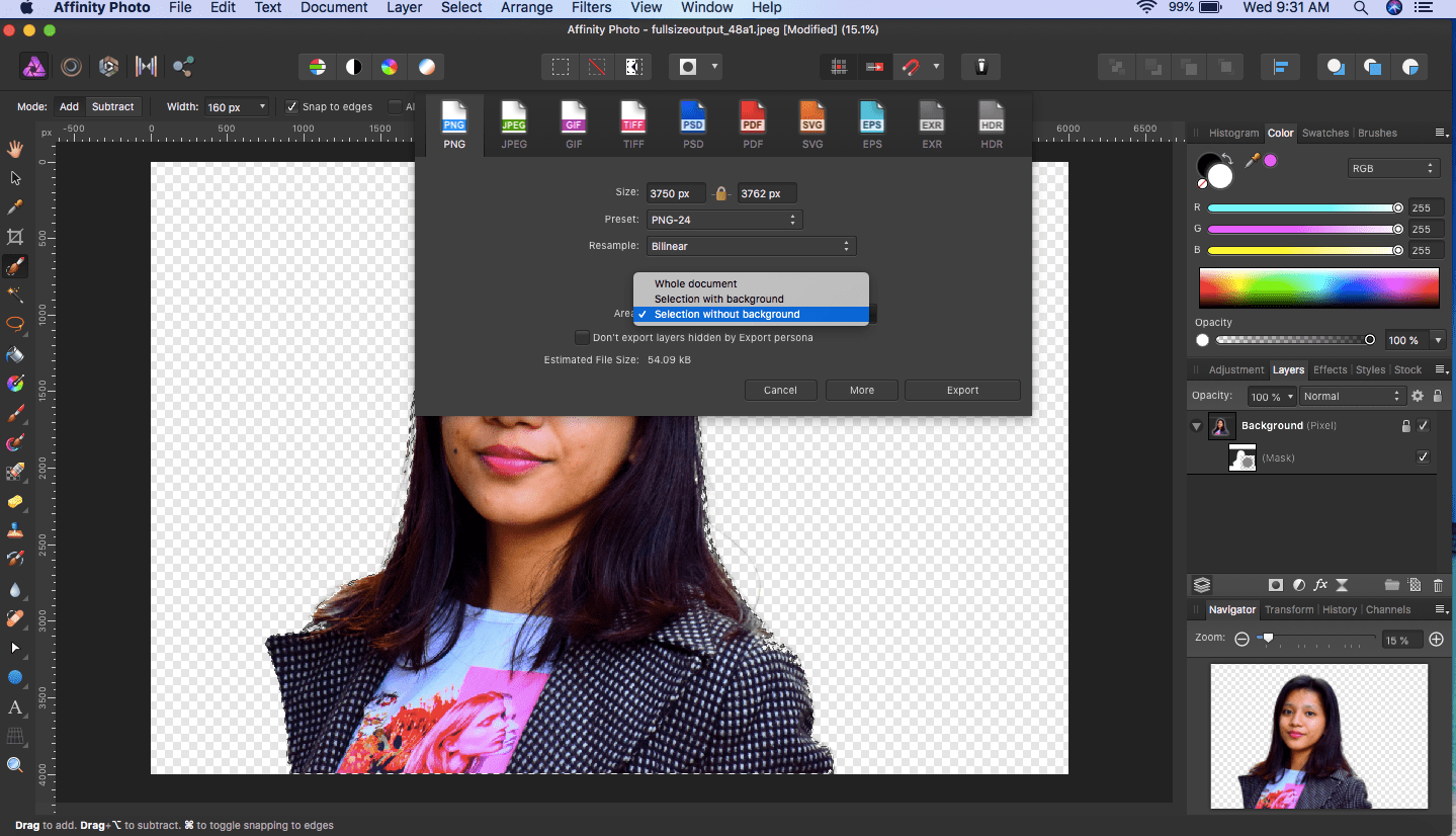 affinity photo export selected