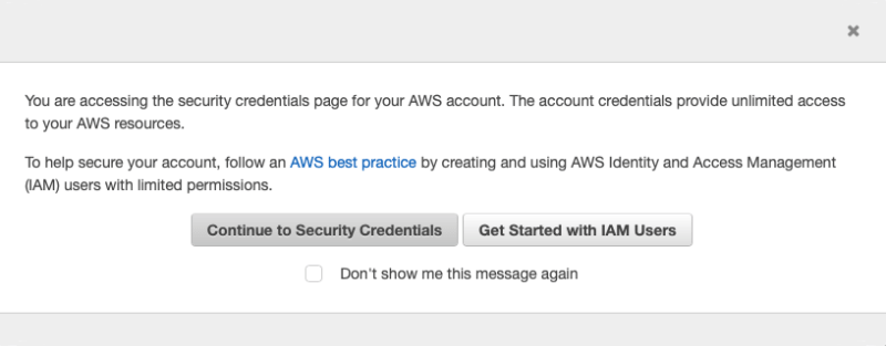 aws continue to security credentials