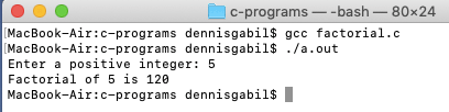 c program factorial output