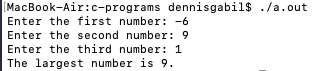 c program of three numbers output