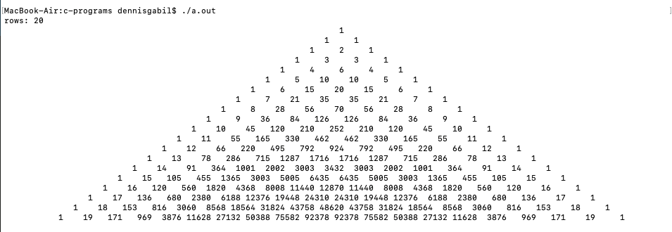 c program pascal triangle 20 rows