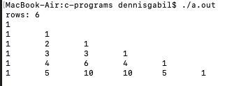 c program pascal triangle 6 rows